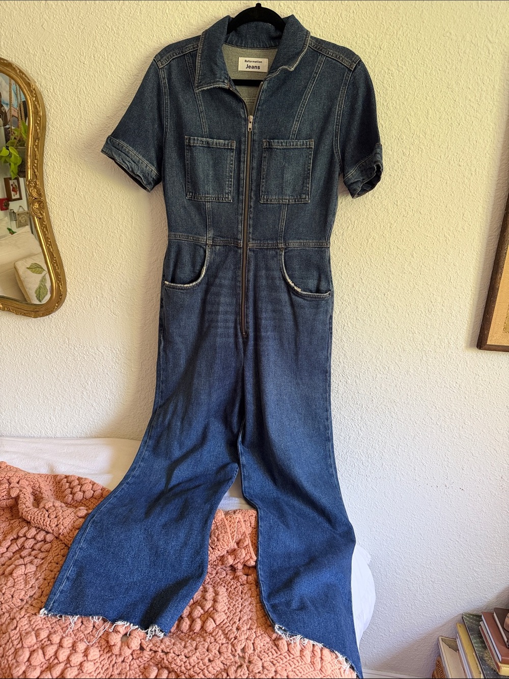Reformation Dark Blue Denim Zip Jumpsuit